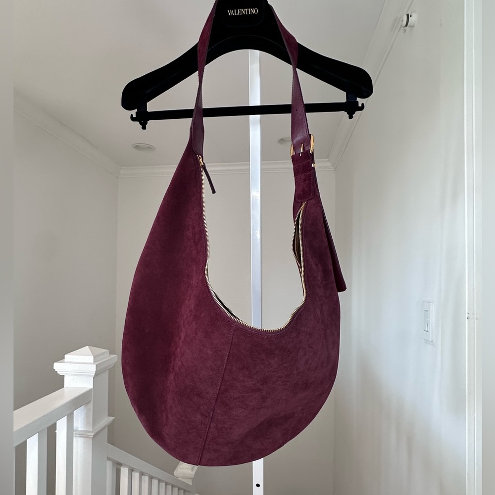 Madewell Essential Curve Suede Shoulder Bag Deep Merlot Burgundy Gold Hardware - Picture 2 of 13
